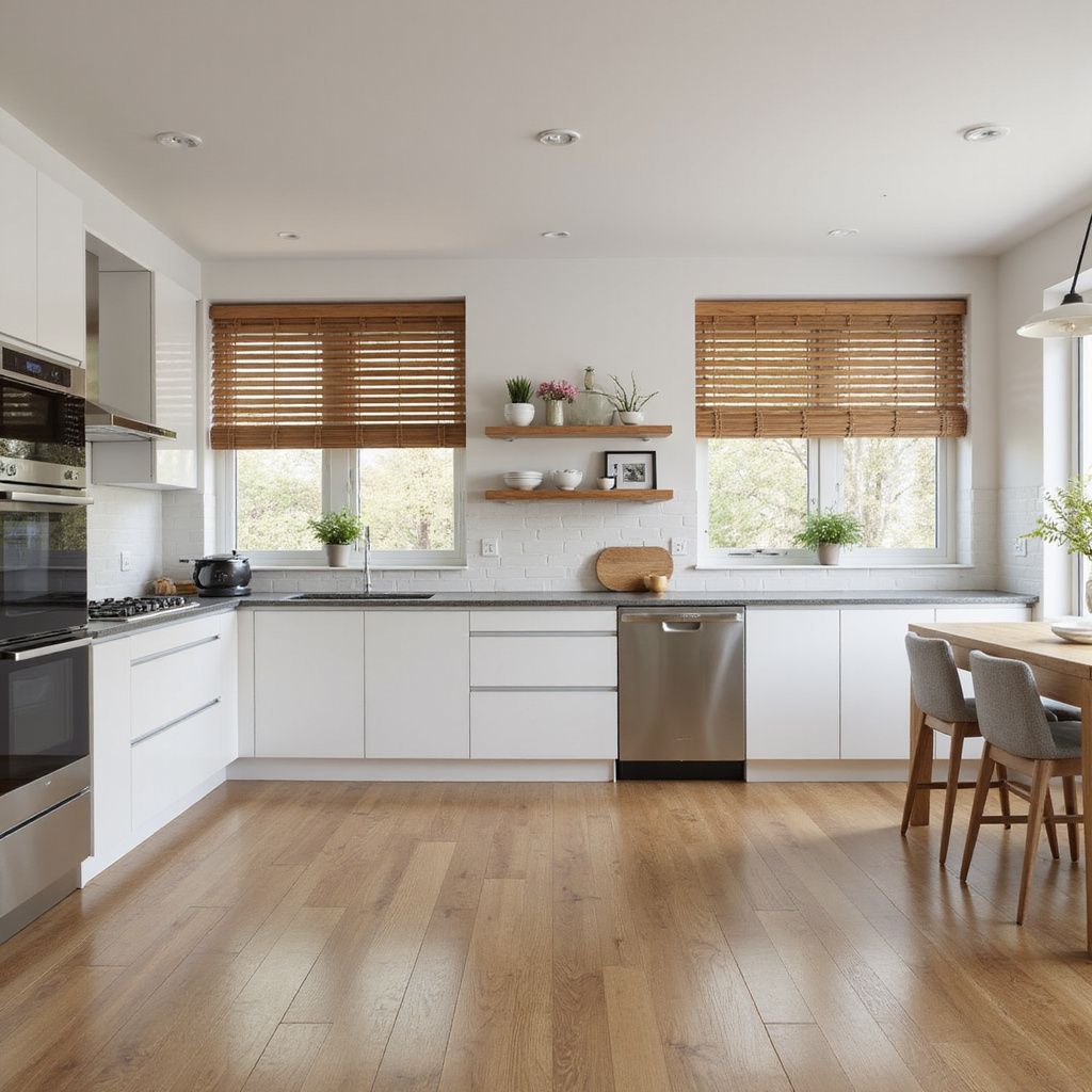 Modern white kitchen with wooden floors and blinds, stainless steel appliances, and a dining table.