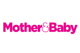 The mother & baby logo is pink and white on a white background.