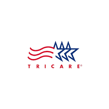 A red , white and blue logo for a company called tricare