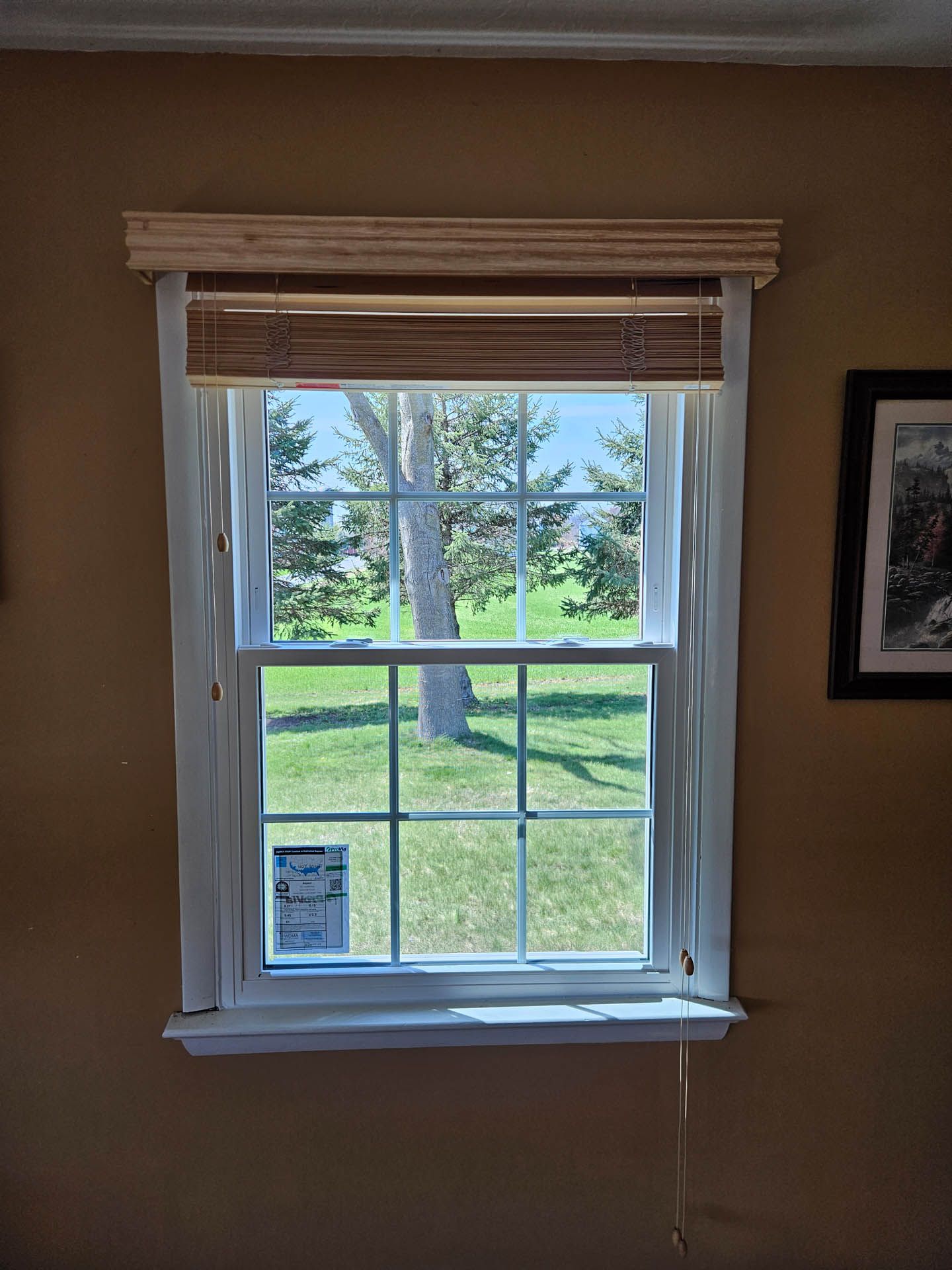 Small window with white trim and wooden blind, overlooking a green yard and trees.