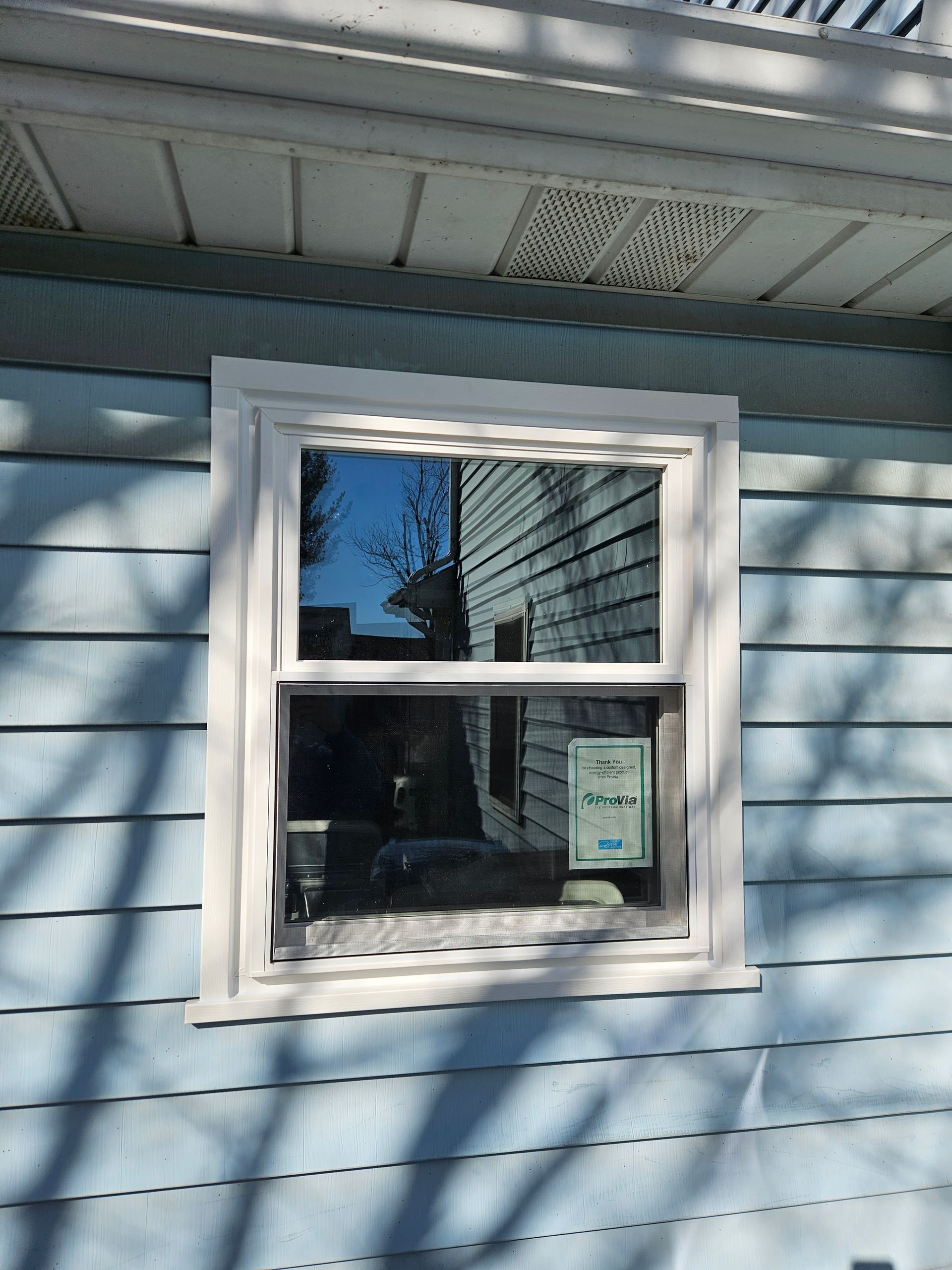 White-trimmed window in light blue siding, with a reflection of trees and a small sign in the lower pane