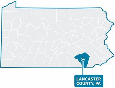 Map of Pennsylvania highlighting Lancaster County in blue with label.