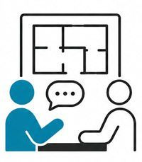 Two people discussing a floor plan across a table, with a speech bubble between them.