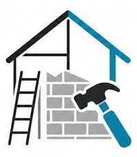 House under repair with ladder, brick wall, and hammer icon