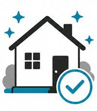 House icon with blue checkmark and sparkles, suggesting home verification or approval