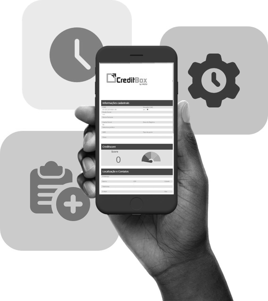 imagem de uma mão segurando um celular com a tela do CreditBox e ícones de relógio, engrenagem e documentos no fundo