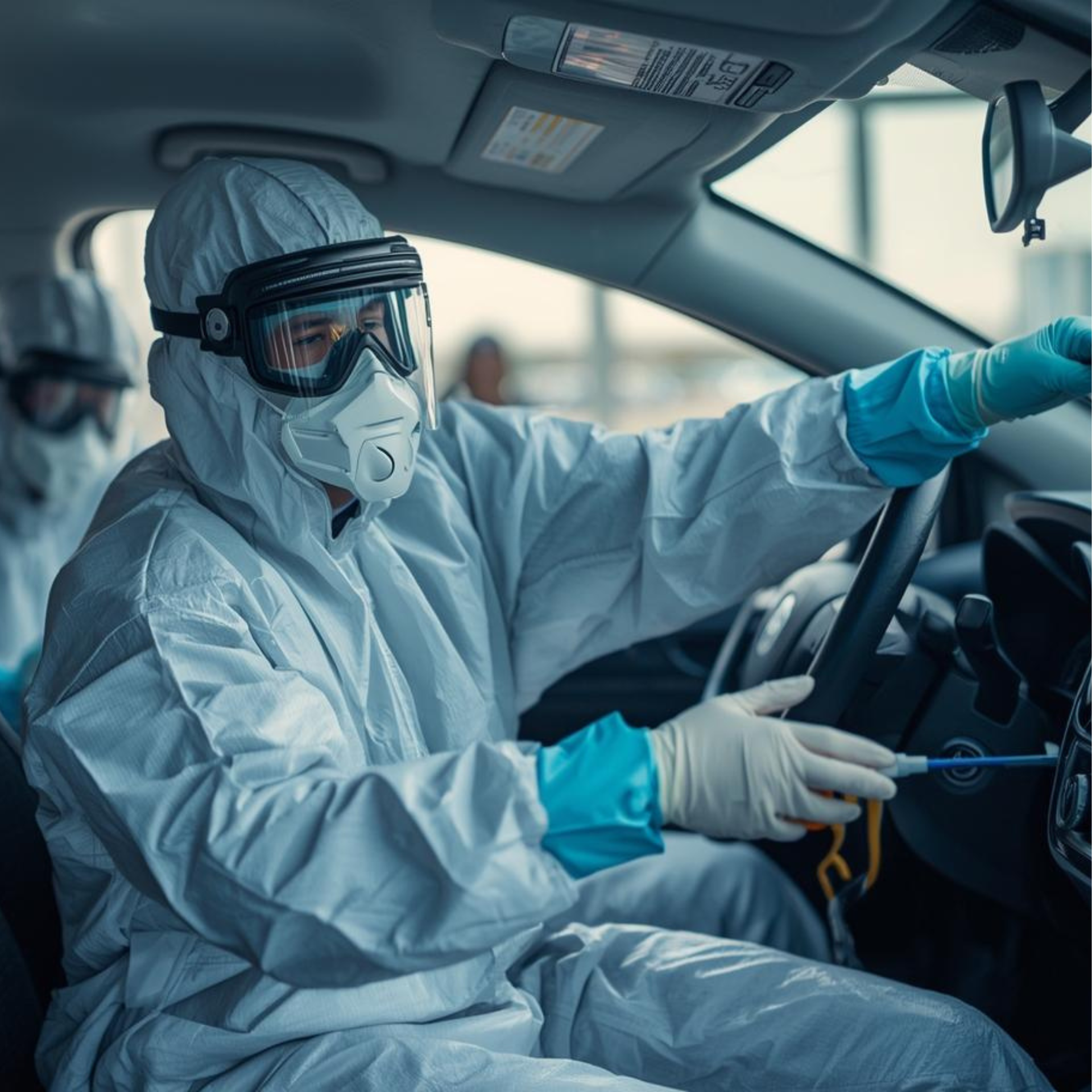 Person in hazmat suit sanitizing a car interior with another person in background.