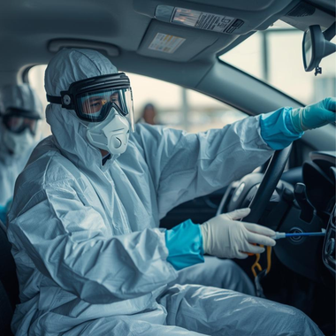 Person in hazmat suit sanitizing a car interior with another person in background.