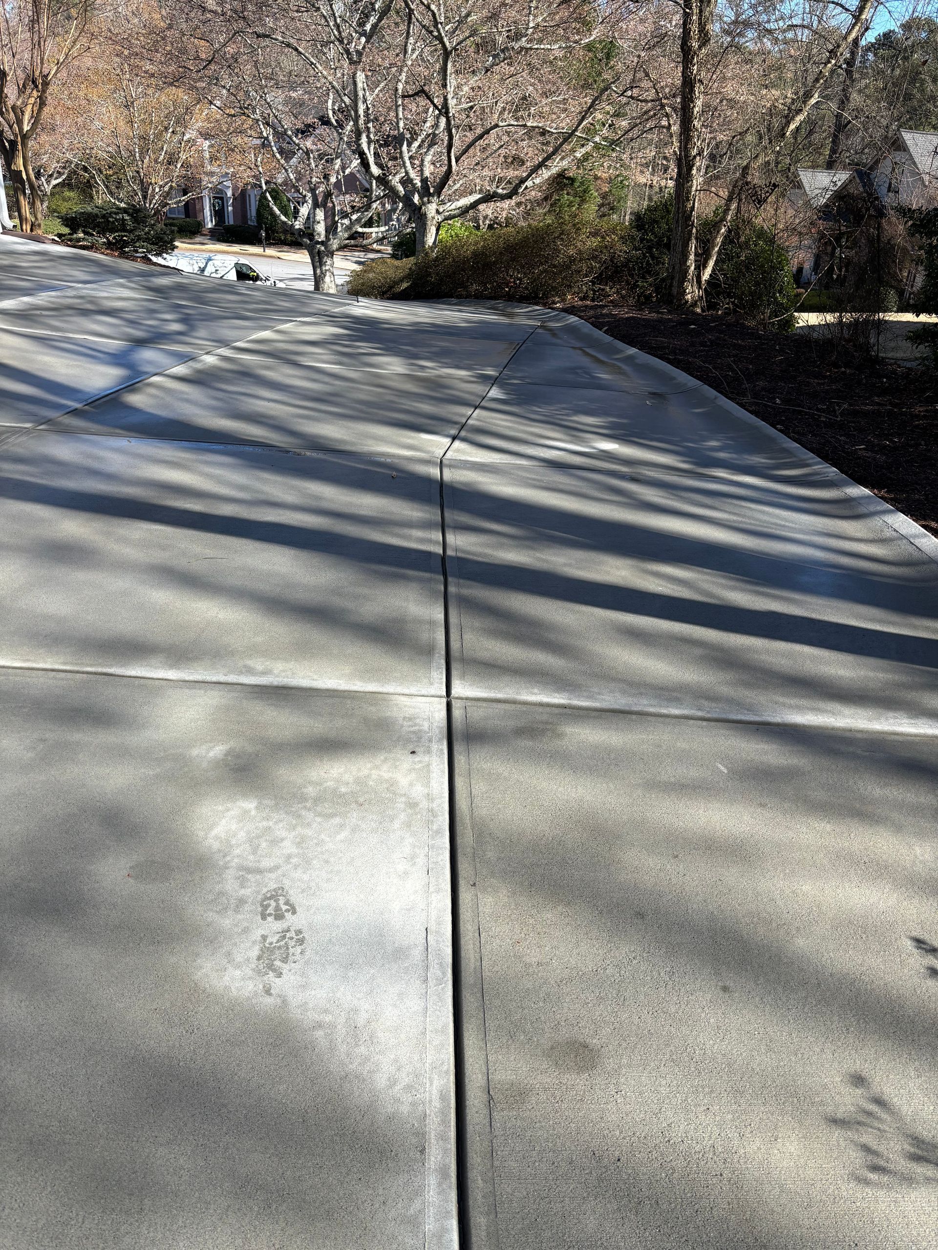 Concrete driveway with a crack running down the center, trees in the background.