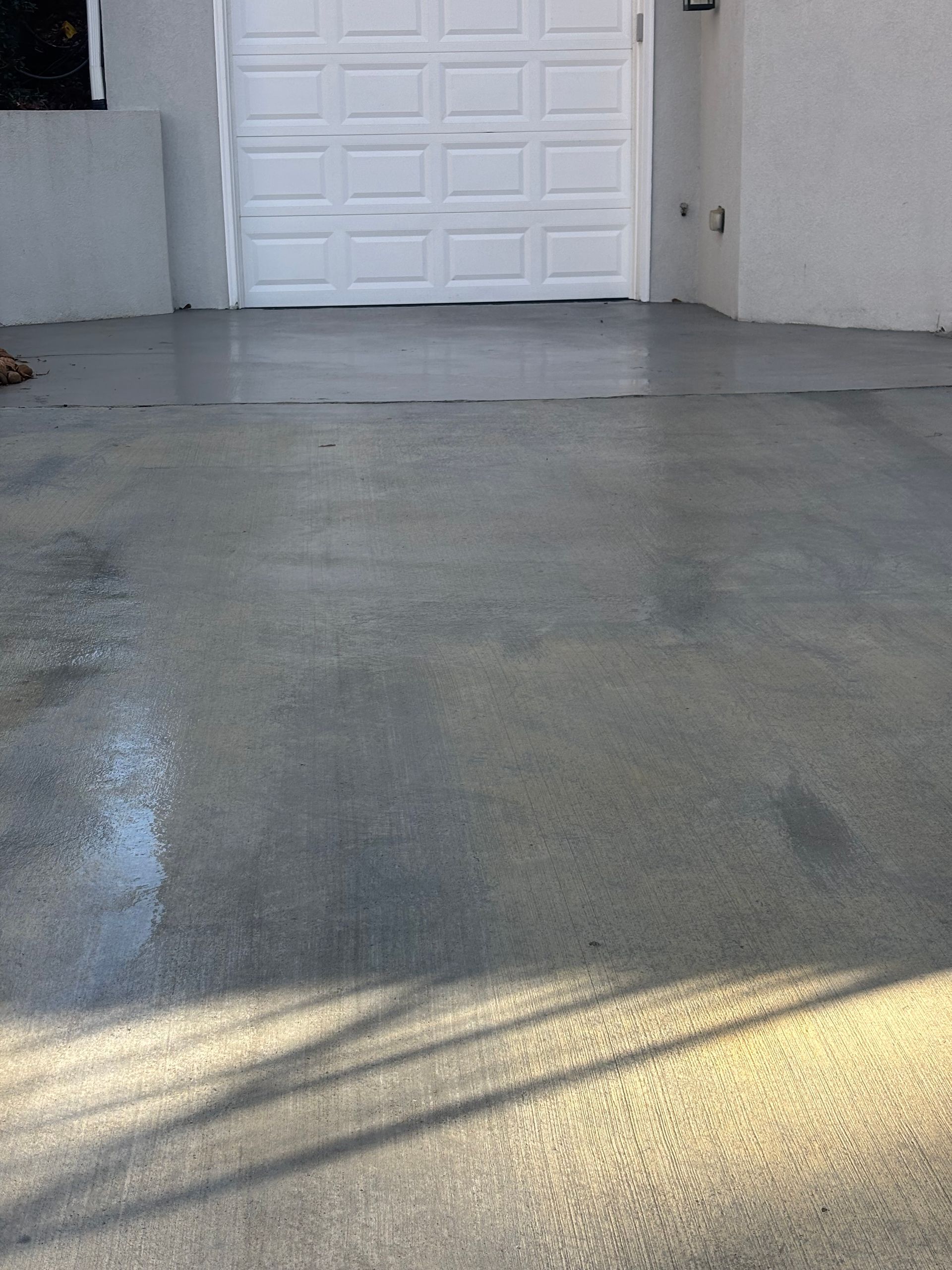 Concrete driveway in front of a white garage door, wet from recent rain, light gray.