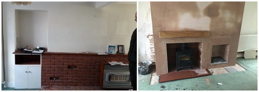 Solid Oak Mantel and Quarry Tile Hearth - before and after pictures