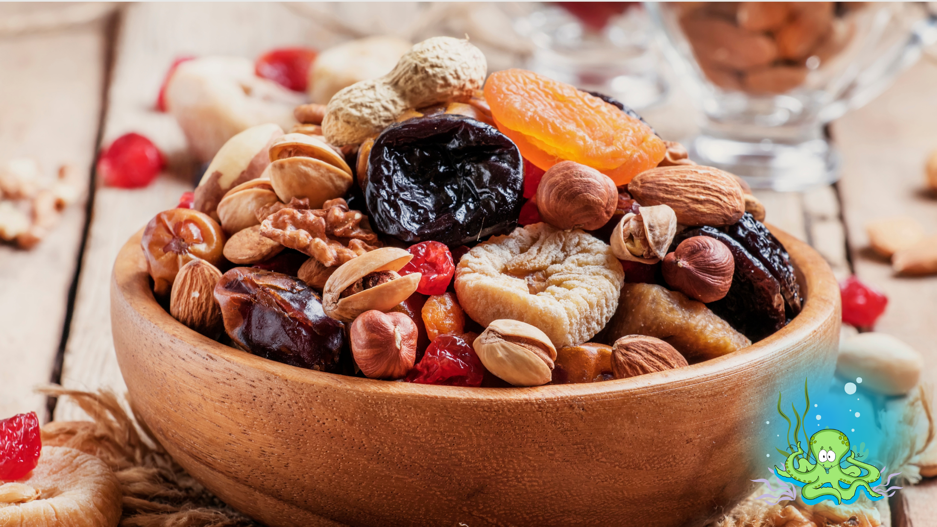 Wooden bowl overflowing with various dried fruits and nuts.