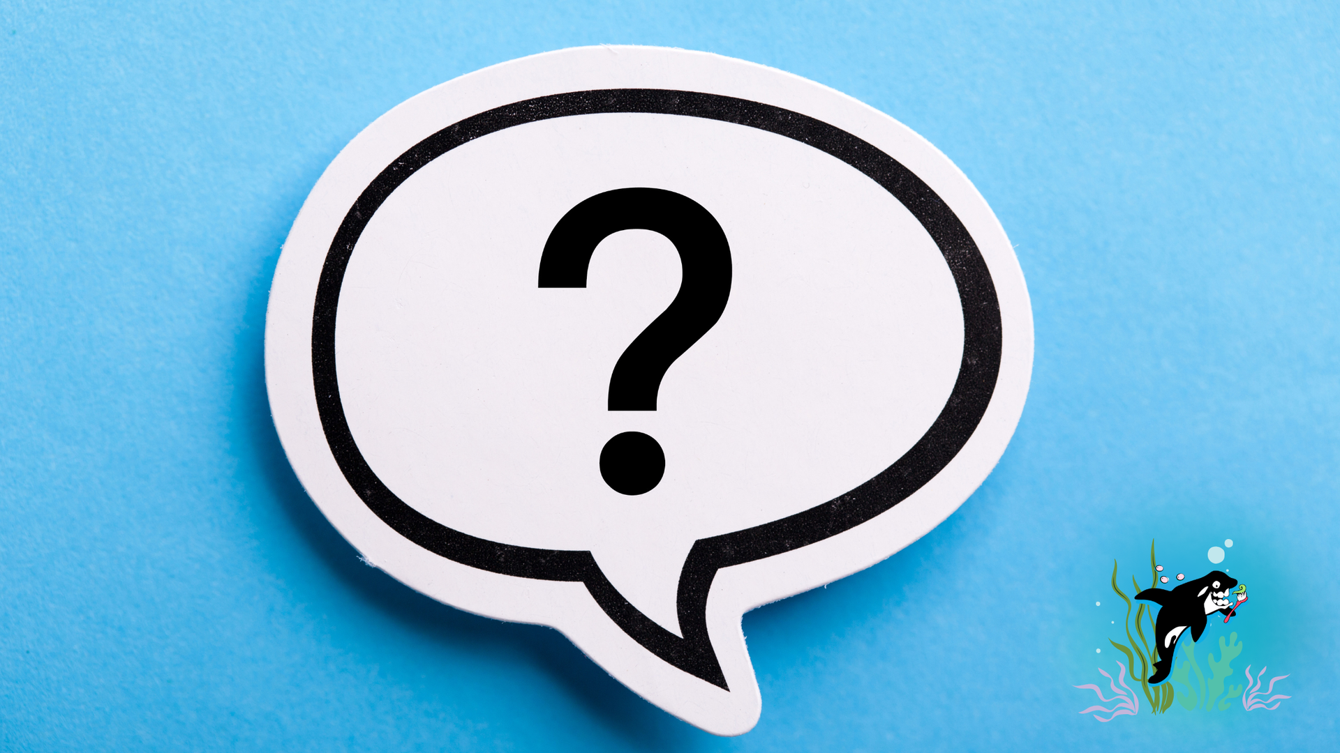White speech bubble with black question mark on a blue background.