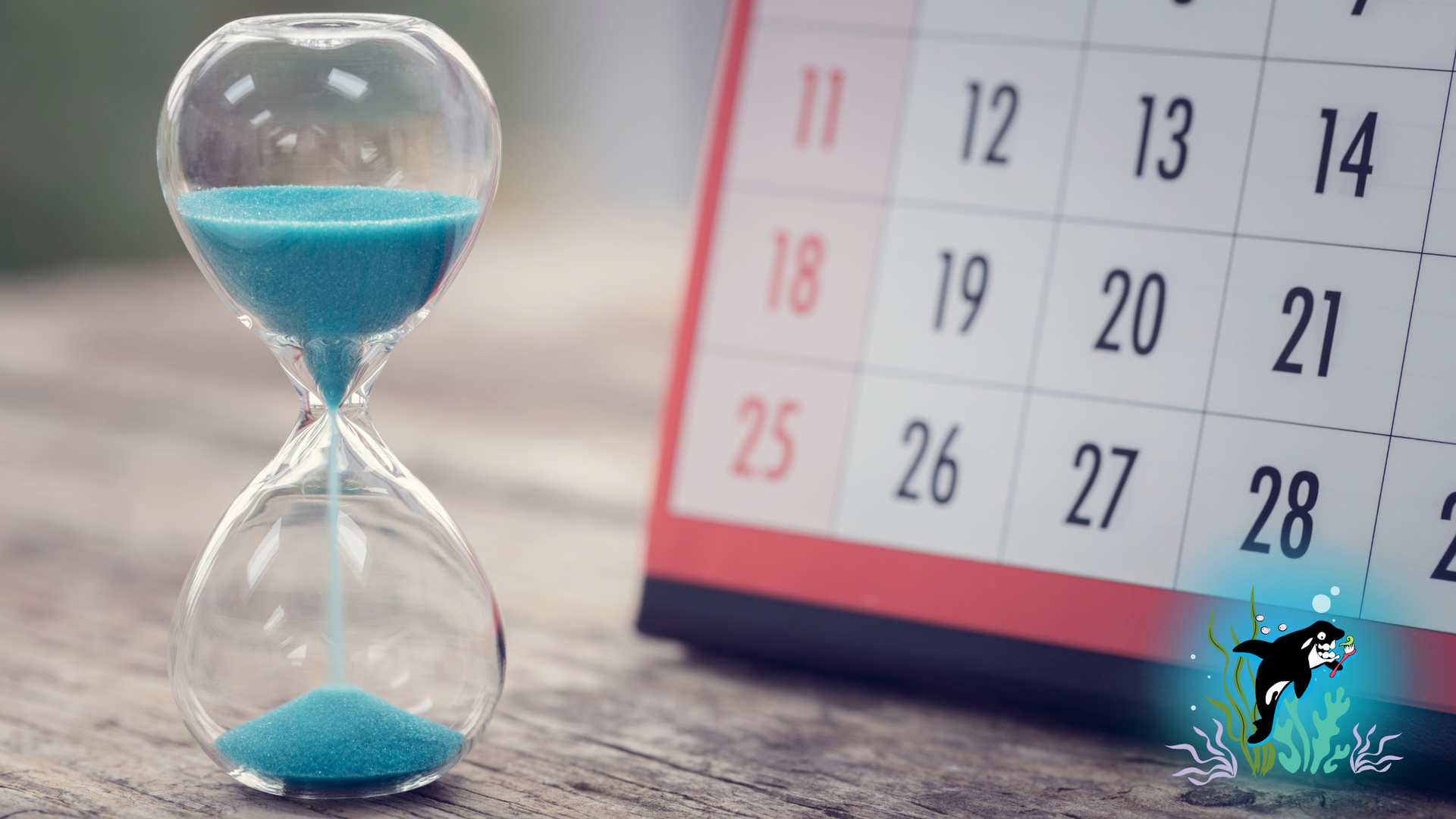 Hourglass with blue sand next to a calendar, suggesting time passing.