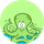 A cartoon octopus is sitting in a circle on a green background.