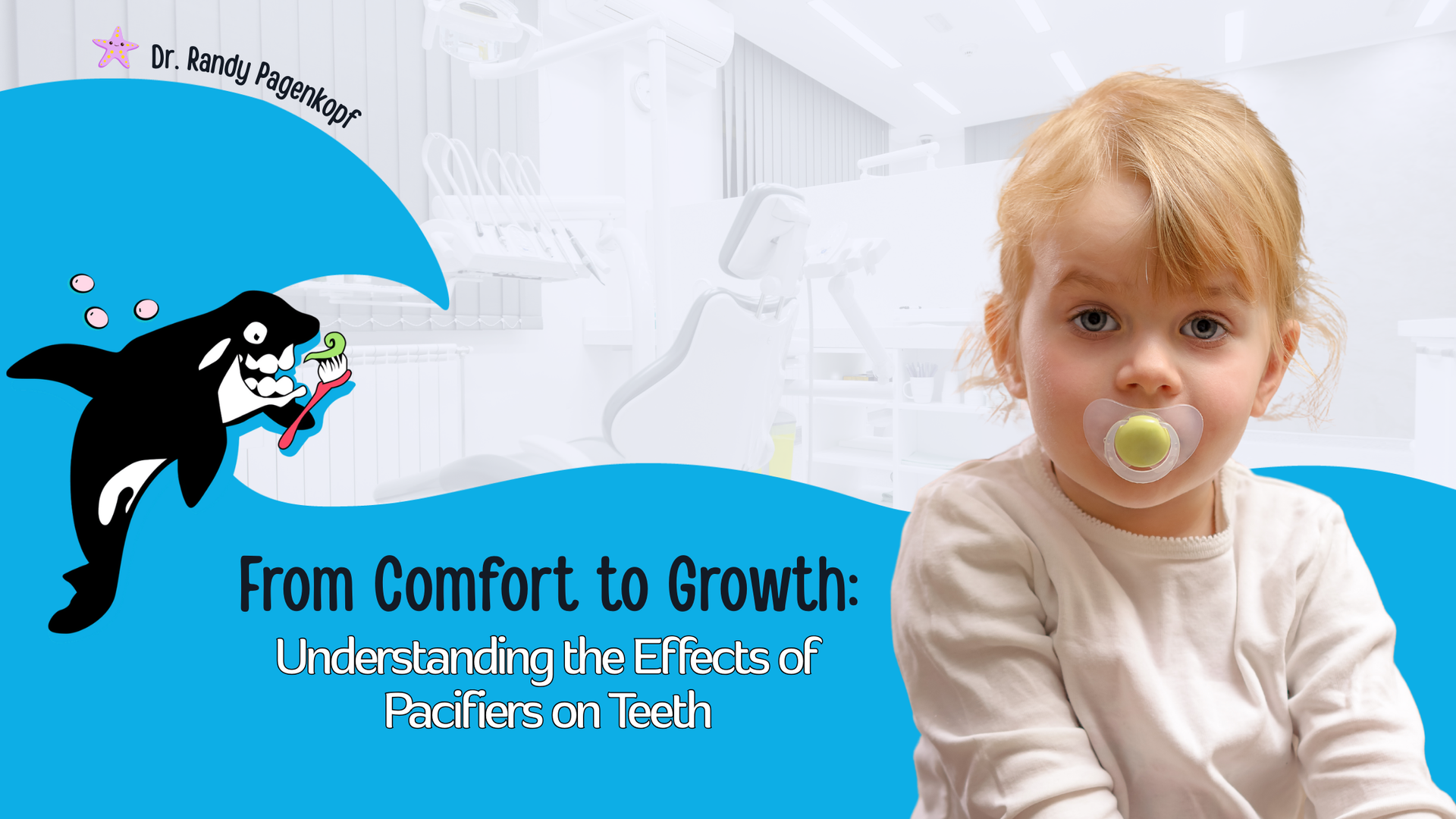 A child with a pacifier sits beside an advertisement that discusses pacifiers and teeth.