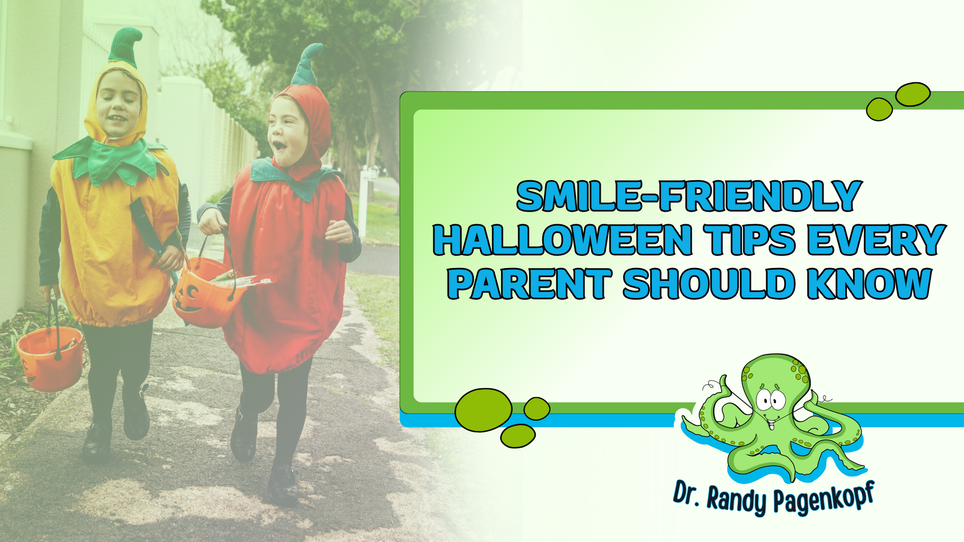 Two children in pumpkin and tomato costumes trick-or-treating. Text: 