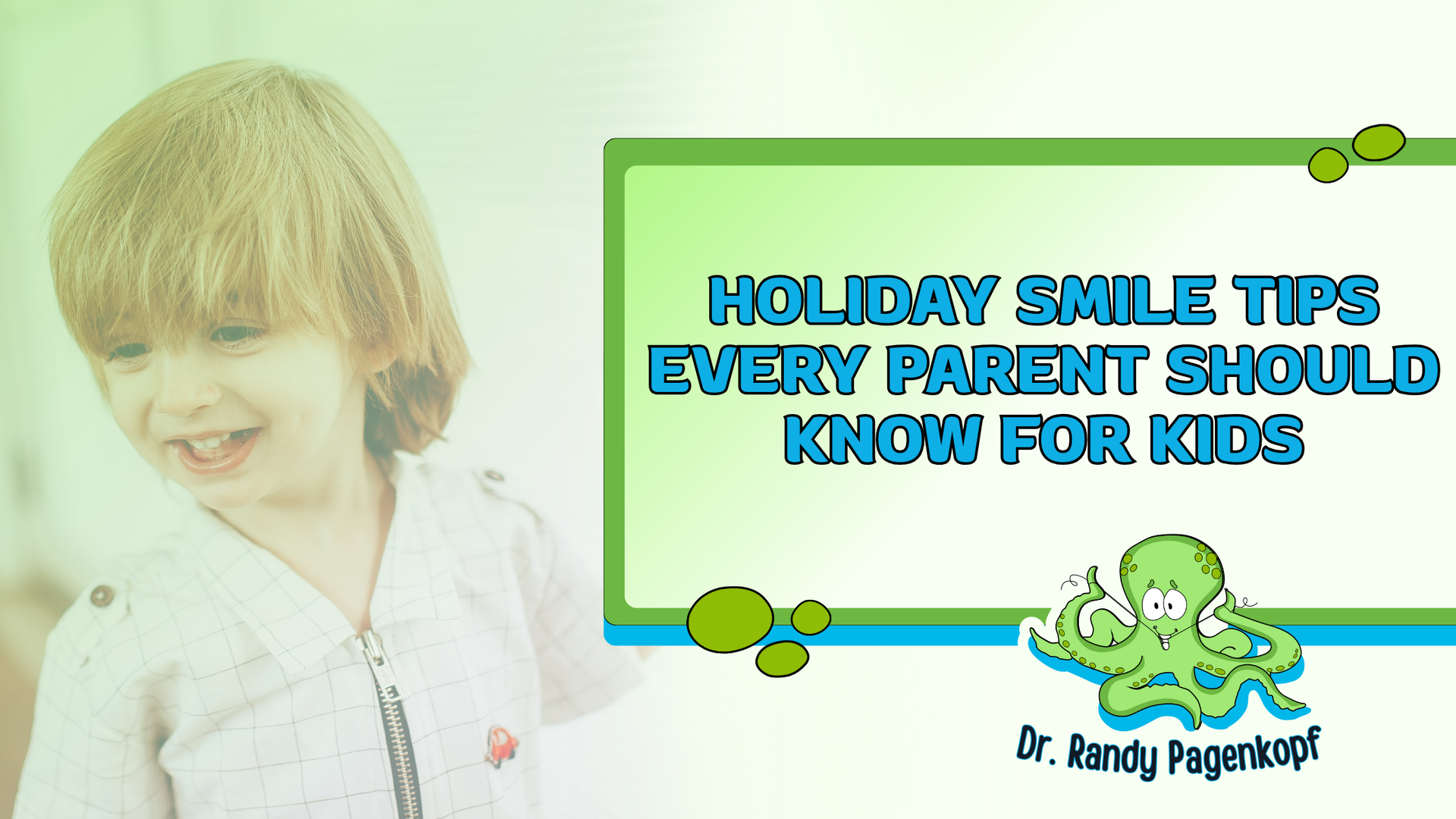 Young child smiling, beside text 