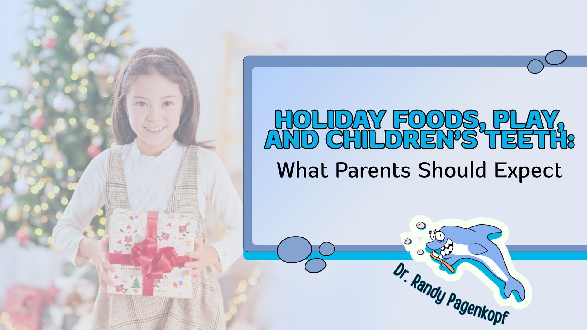 Girl holding present in front of Christmas tree, title: 