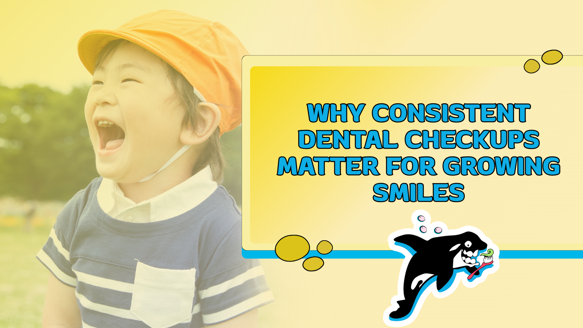 A child in an orange cap laughs. Text: 