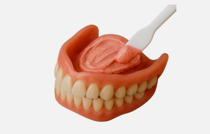 Dentures being fitted with pink adhesive paste using a white spatula against a white background.
