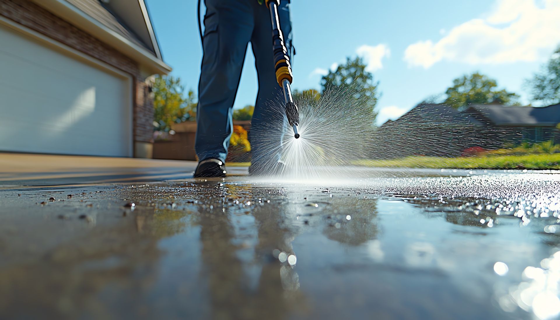 Person in blue jeans using a pressure washer on a driveway, creating a spray of water; sunny day.