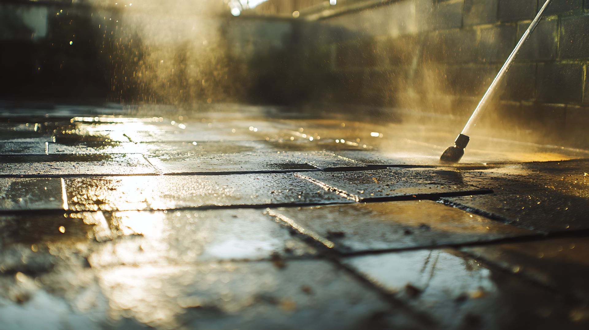 Pressure washer spraying water on a dark, tiled surface, creating mist.