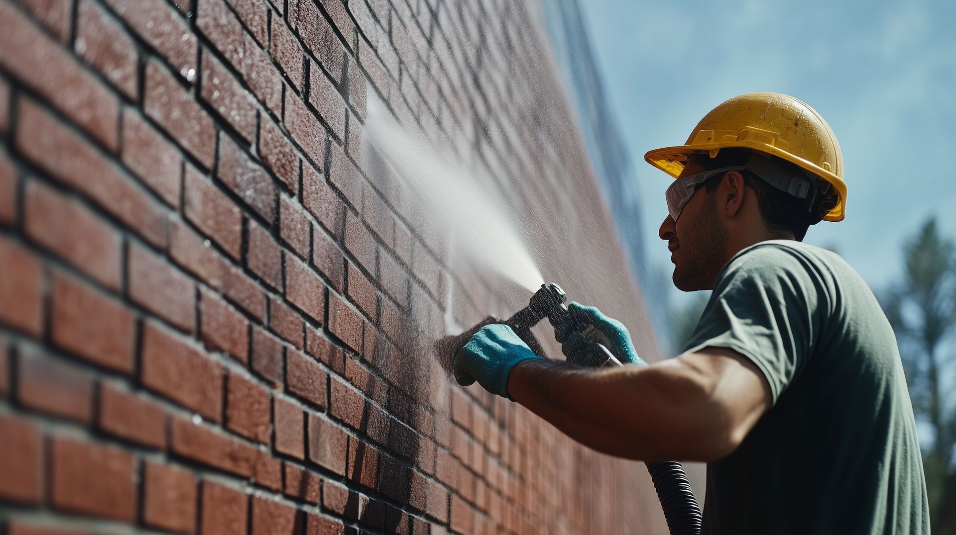 Man in hard hat and gloves power washing a brick wall.