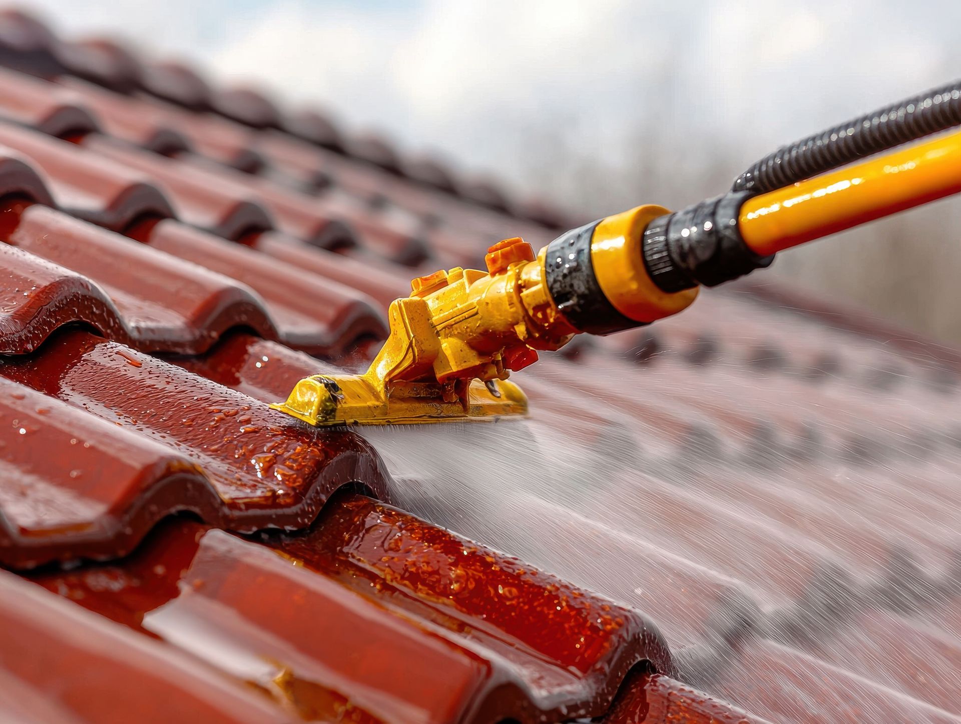 A yellow nozzle spraying water on a red tiled roof, cleaning the surface.