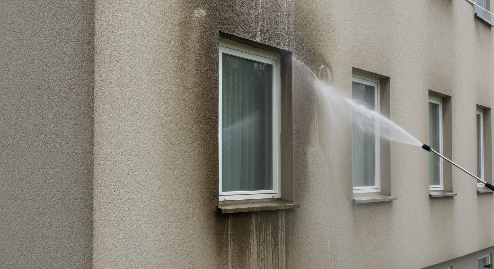 Pressure washing a building's exterior, removing dark stains from the stucco near windows.