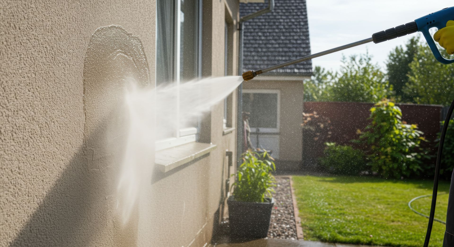 Person pressure washing exterior wall of a house with a garden, water spraying outward.