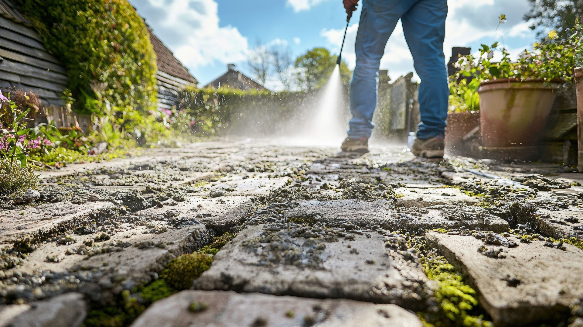 Person power washing a stone pathway outdoors, spraying water and debris.