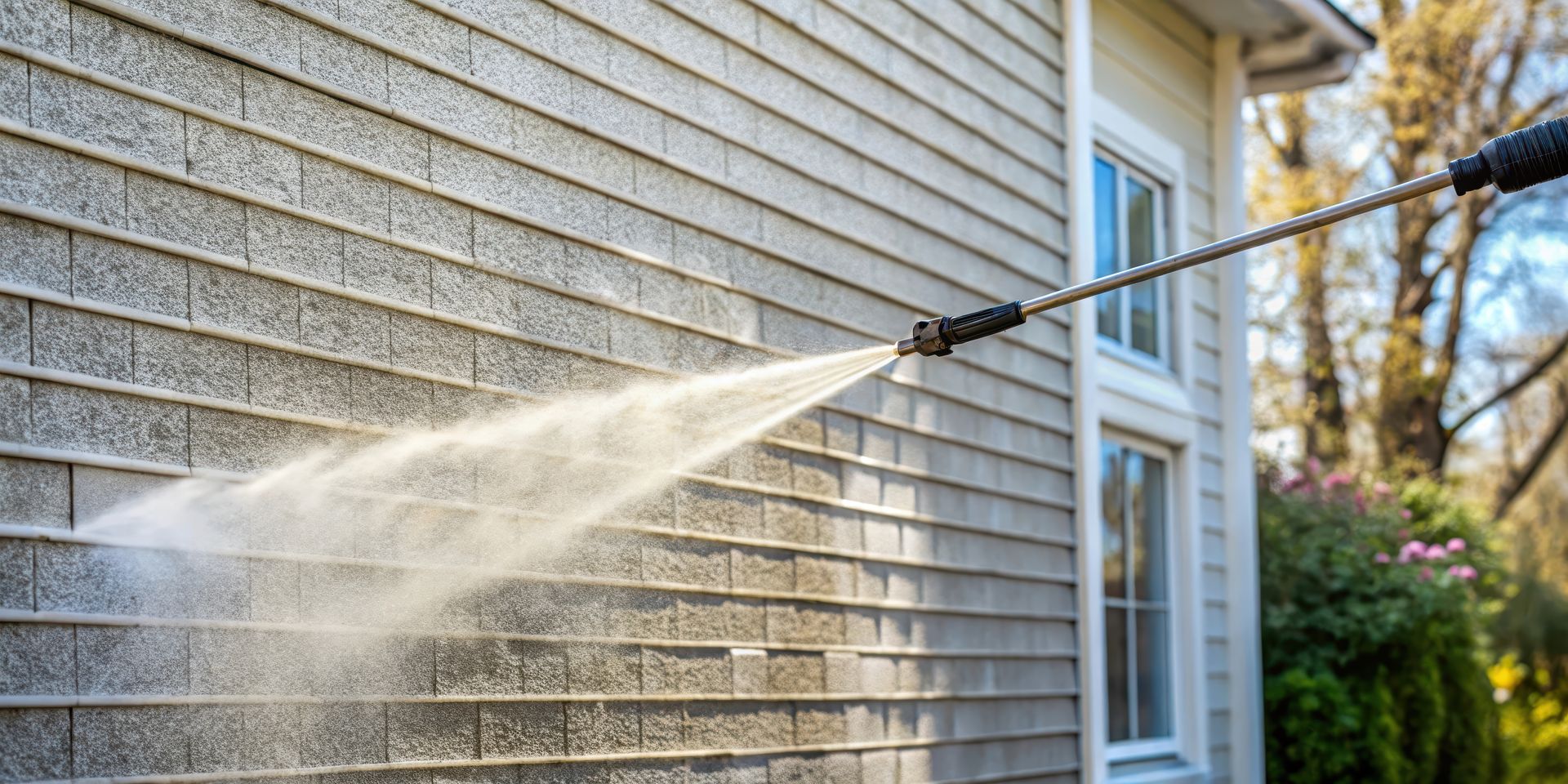 Pressure washing a house's gray siding, spraying water.