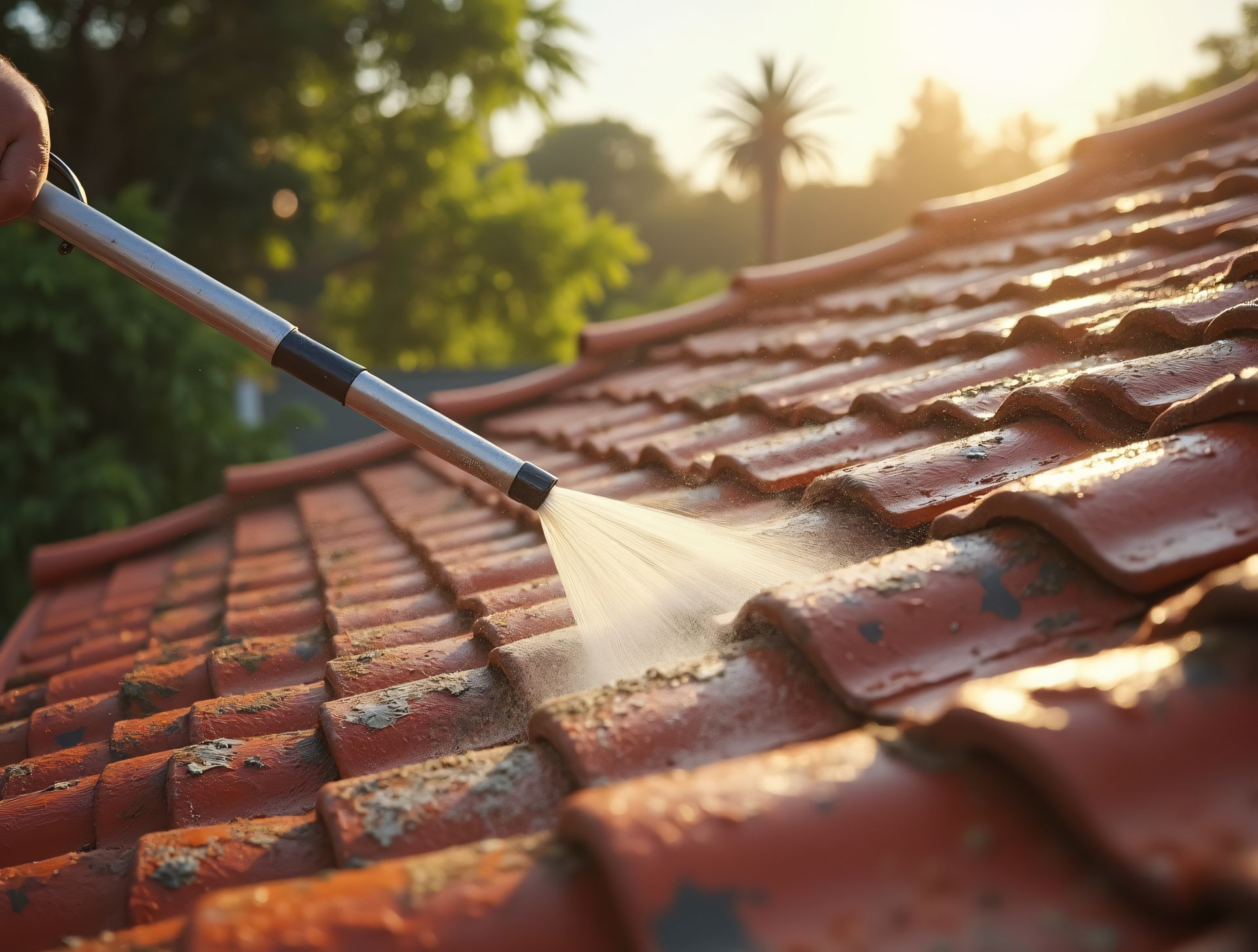 Pressure washing red tile roof; person sprays water in sunny outdoor setting.