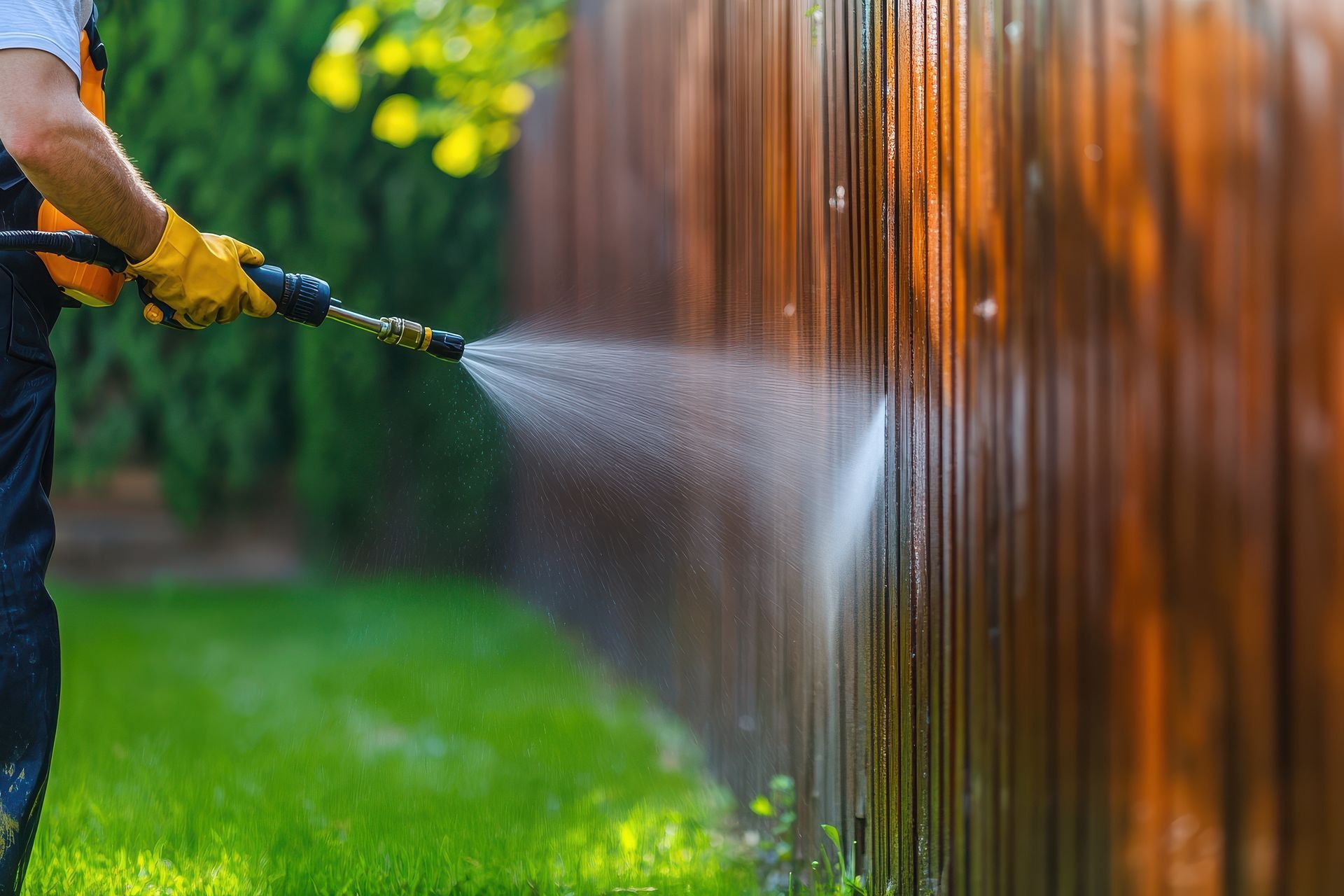 Person in gloves pressure washing a wooden fence.