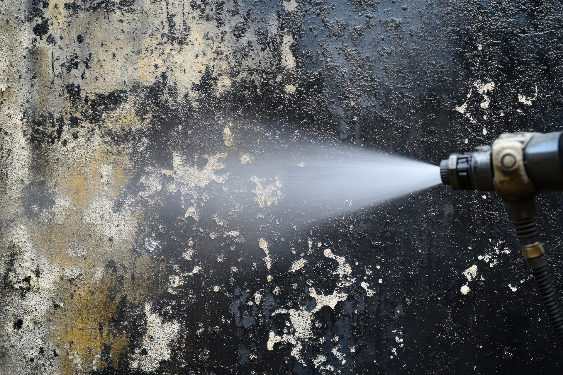A pressure washer spraying water onto a peeling, black wall.