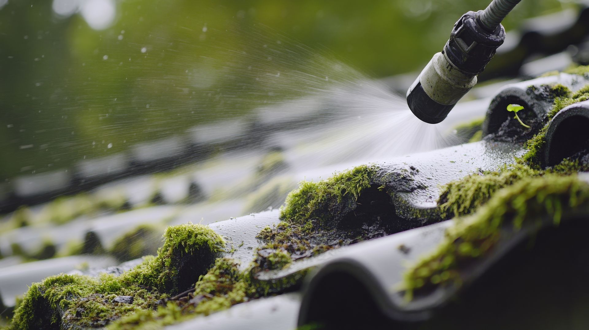 Power washer spraying water onto a moss-covered roof.