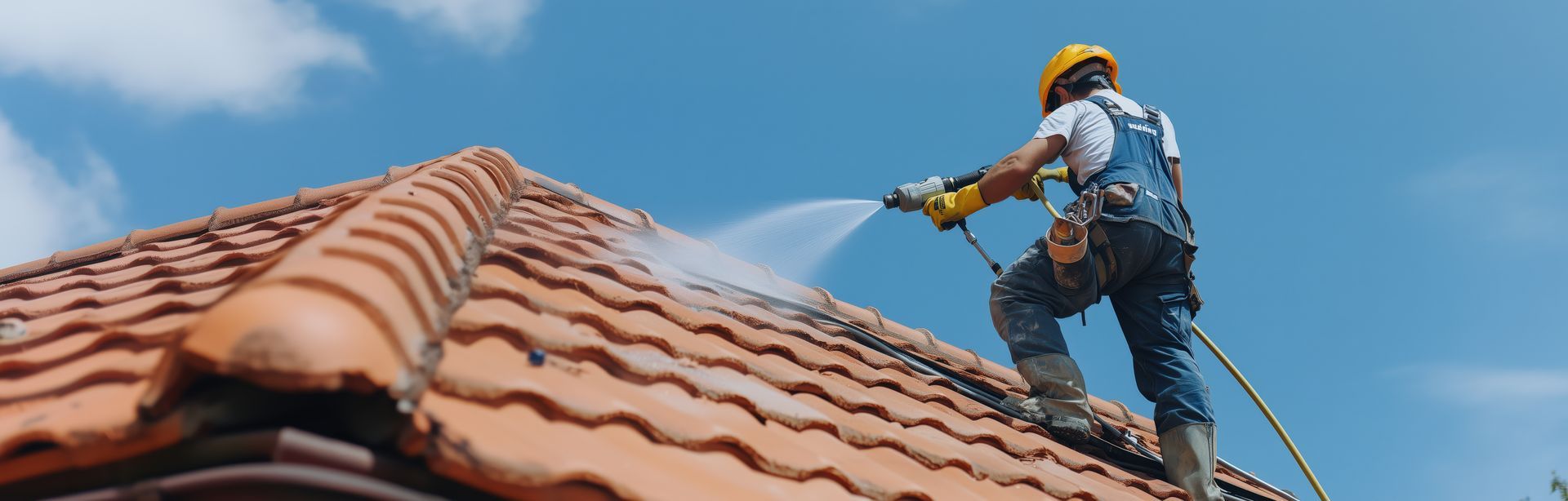 A worker pressure-washing a tiled roof under a blue sky.