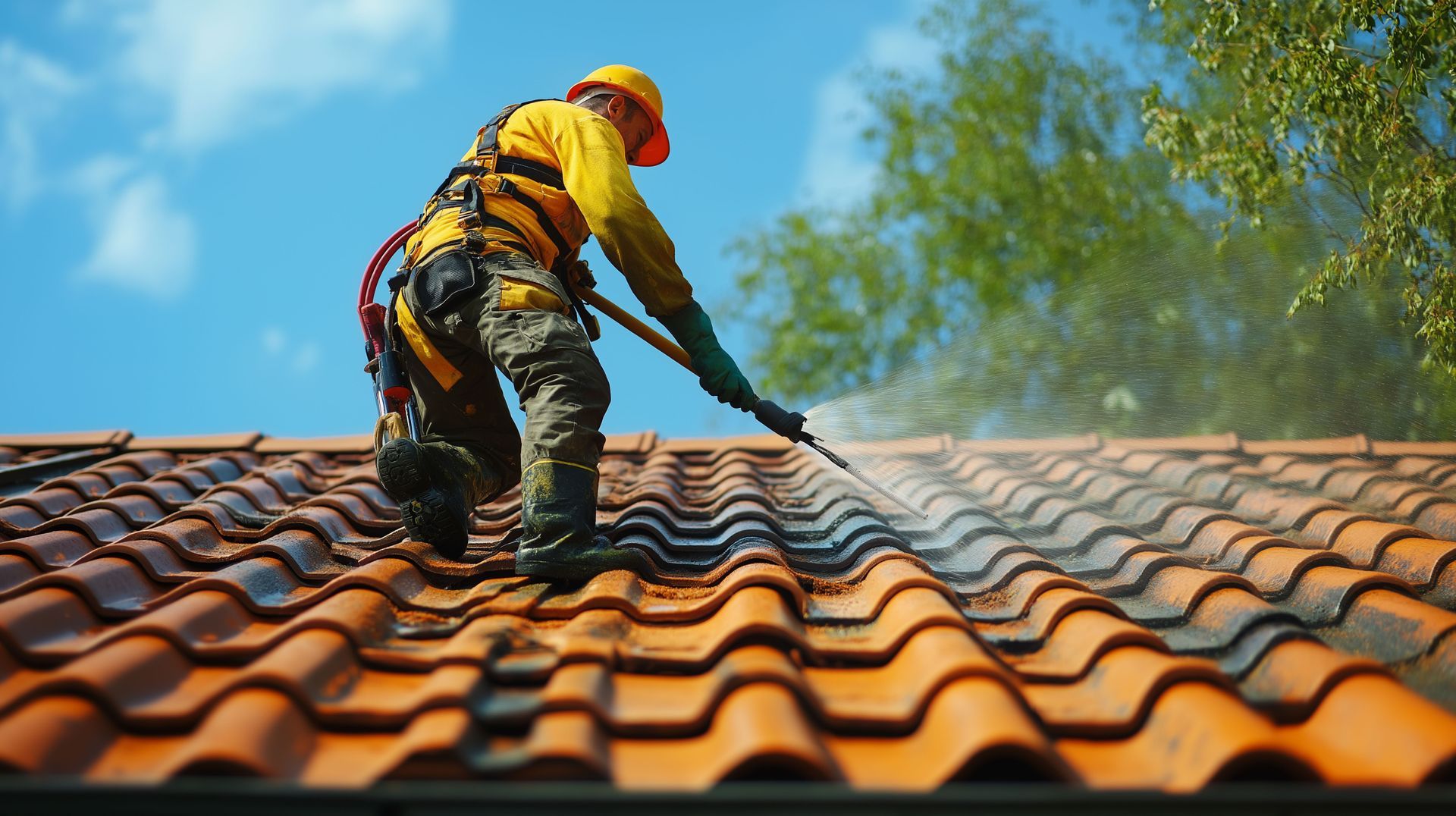Roofer in safety gear pressure washing a terracotta tile roof, blue sky backdrop.