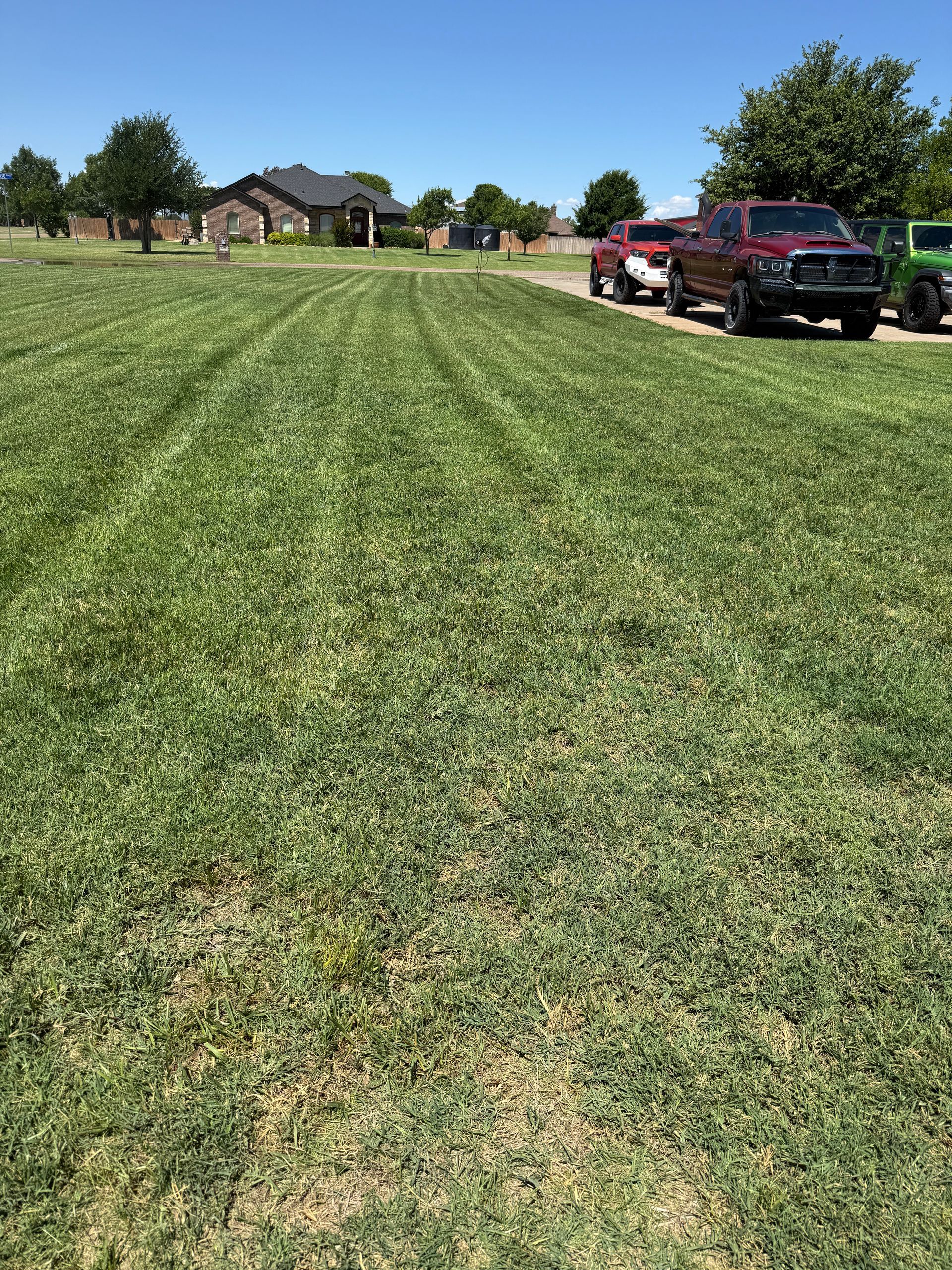 Lawn with visible mowing lines, a house in the distance, and several trucks parked on the side under a blue sky.