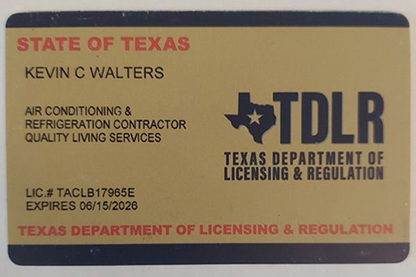 Texas Department of Licensing and Regulation card for Kevin C. Walters, tan with Texas logo