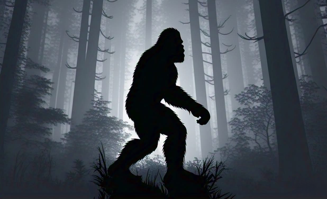 A silhouette of a bigfoot walking through a dark forest.