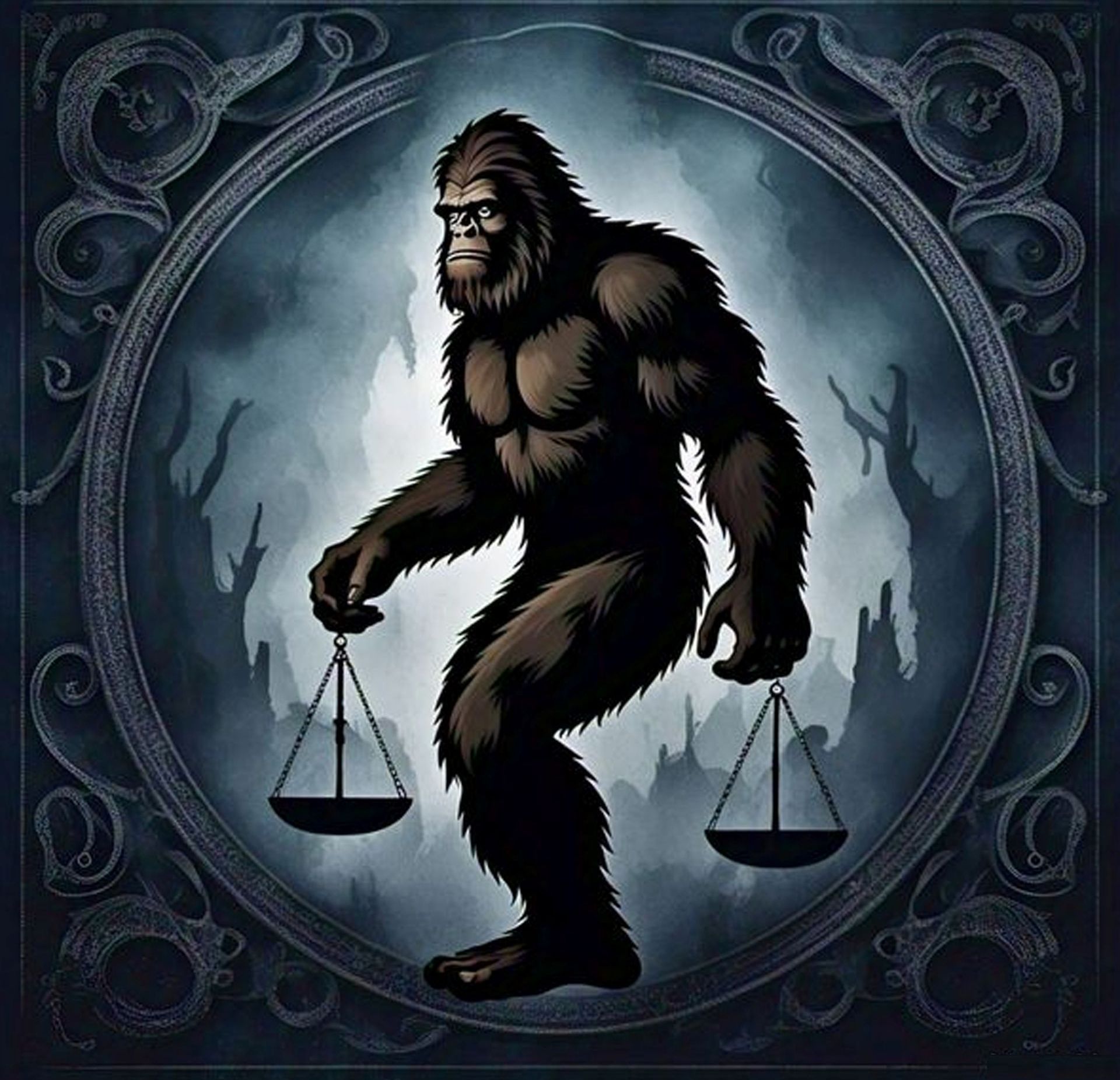A drawing of a bigfoot holding scales of justice