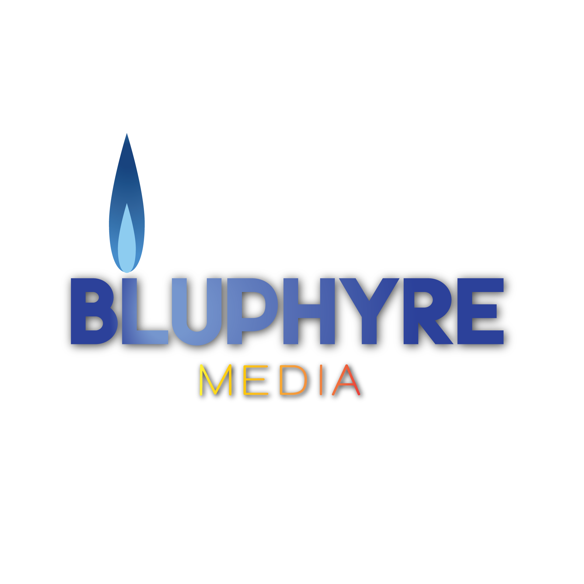 The logo for bluphyre media has a blue flame on it.