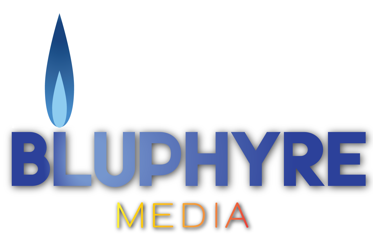 A logo for bluphyre media with a blue flame