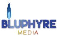 A logo for bluphyre media with a blue flame