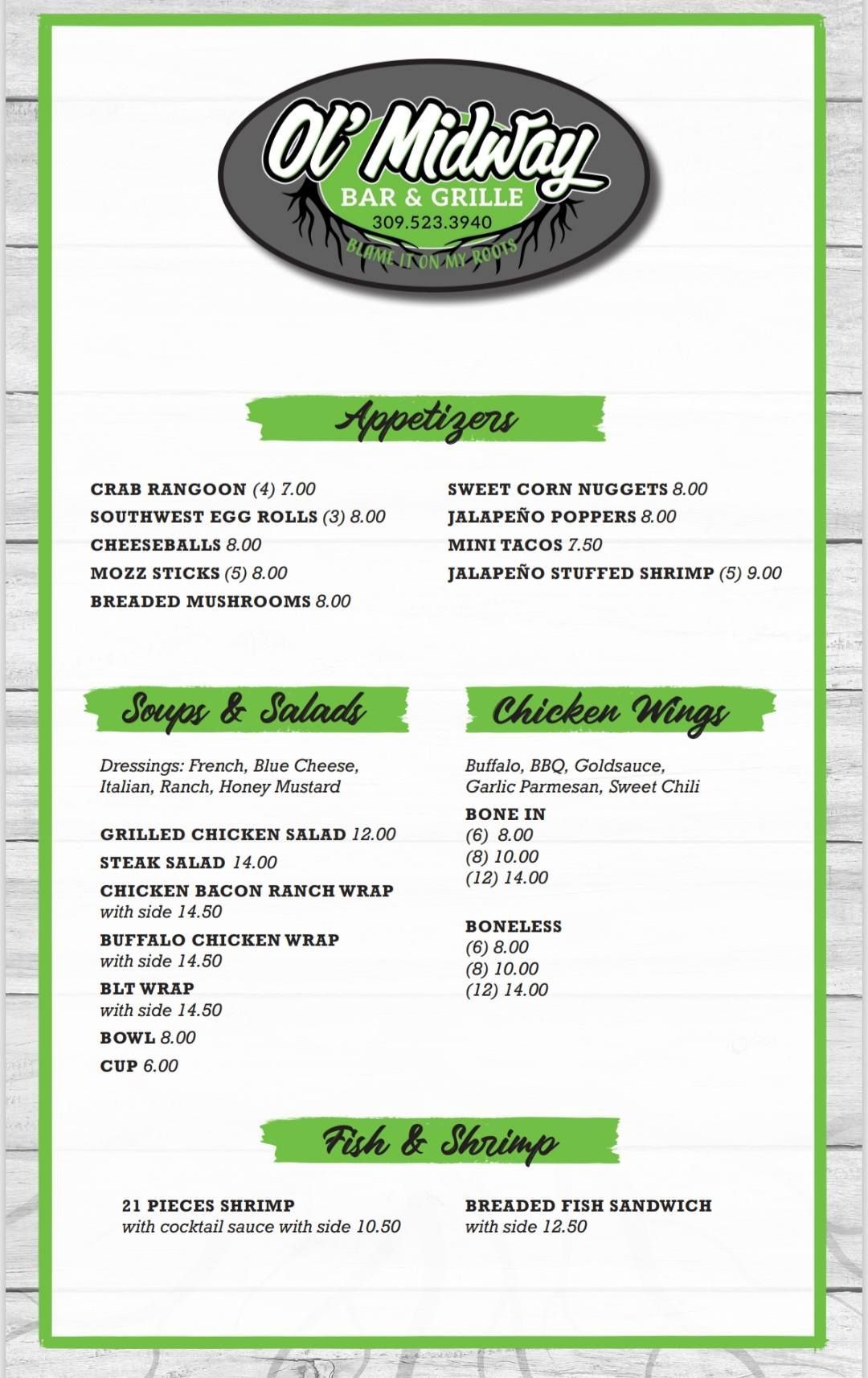 A menu for a restaurant with appetizers , chicken wings , fish and shrimp.