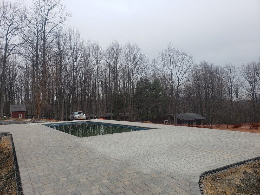 A large swimming pool is surrounded by trees on a cloudy day.