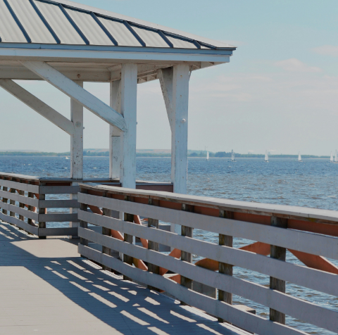 A pier with a white railing overlooking the ocean