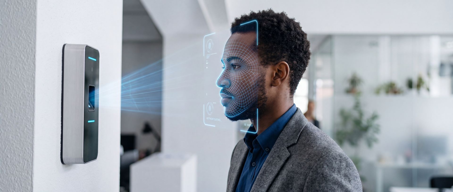 Homem usando um scanner de reconhecimento facial para controle de acesso, em um escritório.